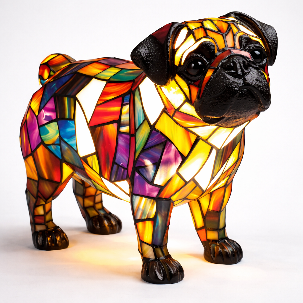 Lámpara de mesa con diseño de perro en vidrio emplomado tipo mosaico