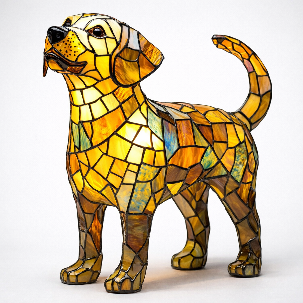 Lámpara de mesa con diseño de perro en vidrio emplomado tipo mosaico