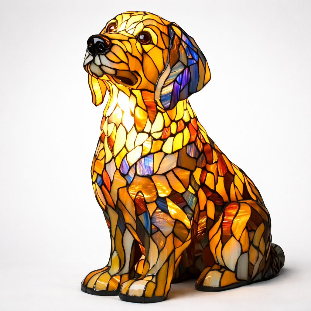 Lámpara de mesa con diseño de perro en vidrio emplomado tipo mosaico