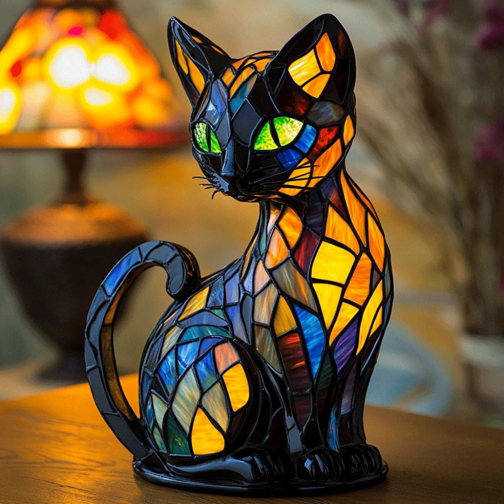 Lámpara de mesa y luz nocturna con figura de gato estilo vidrio emplomado