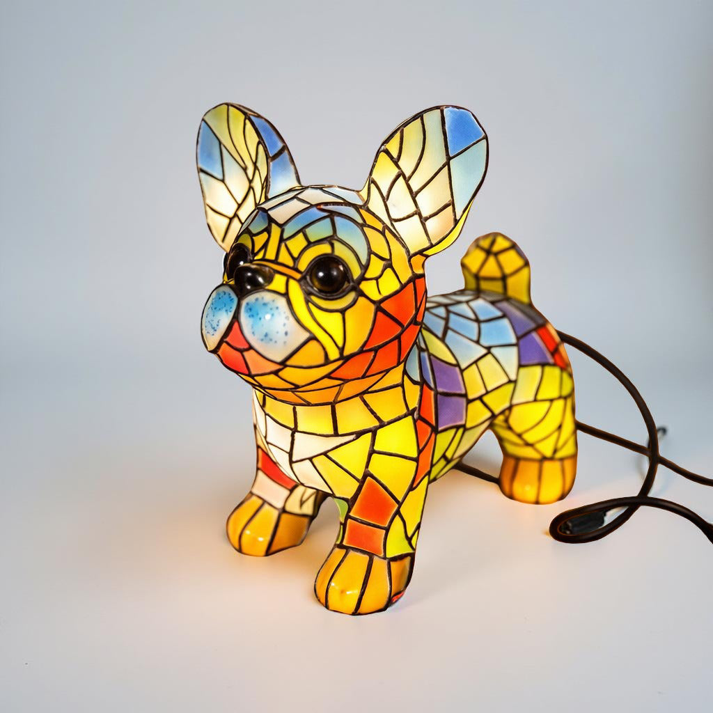 Lámpara de mesa decorativa con figura de perro en vidrio emplomado