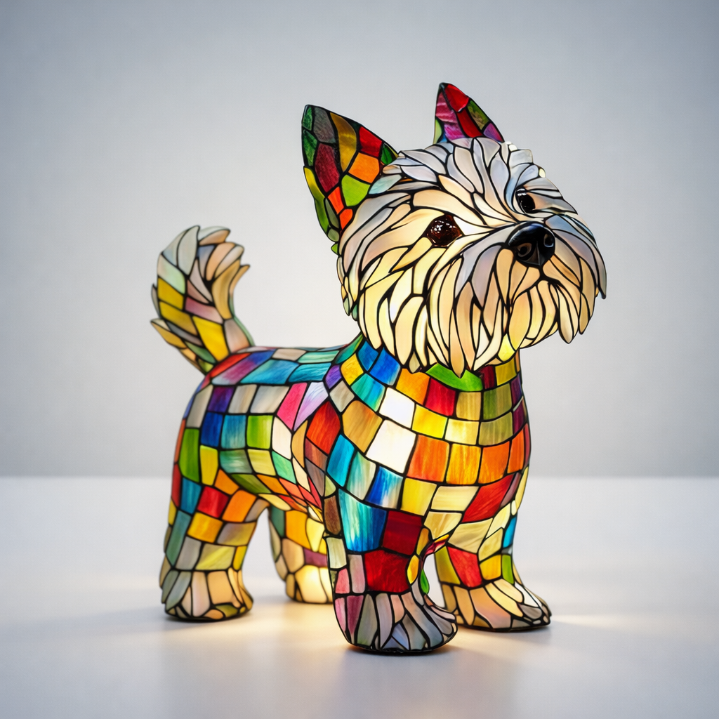 Lámpara de mesa y luz nocturna con figura de perro de resina y vidrio emplomado