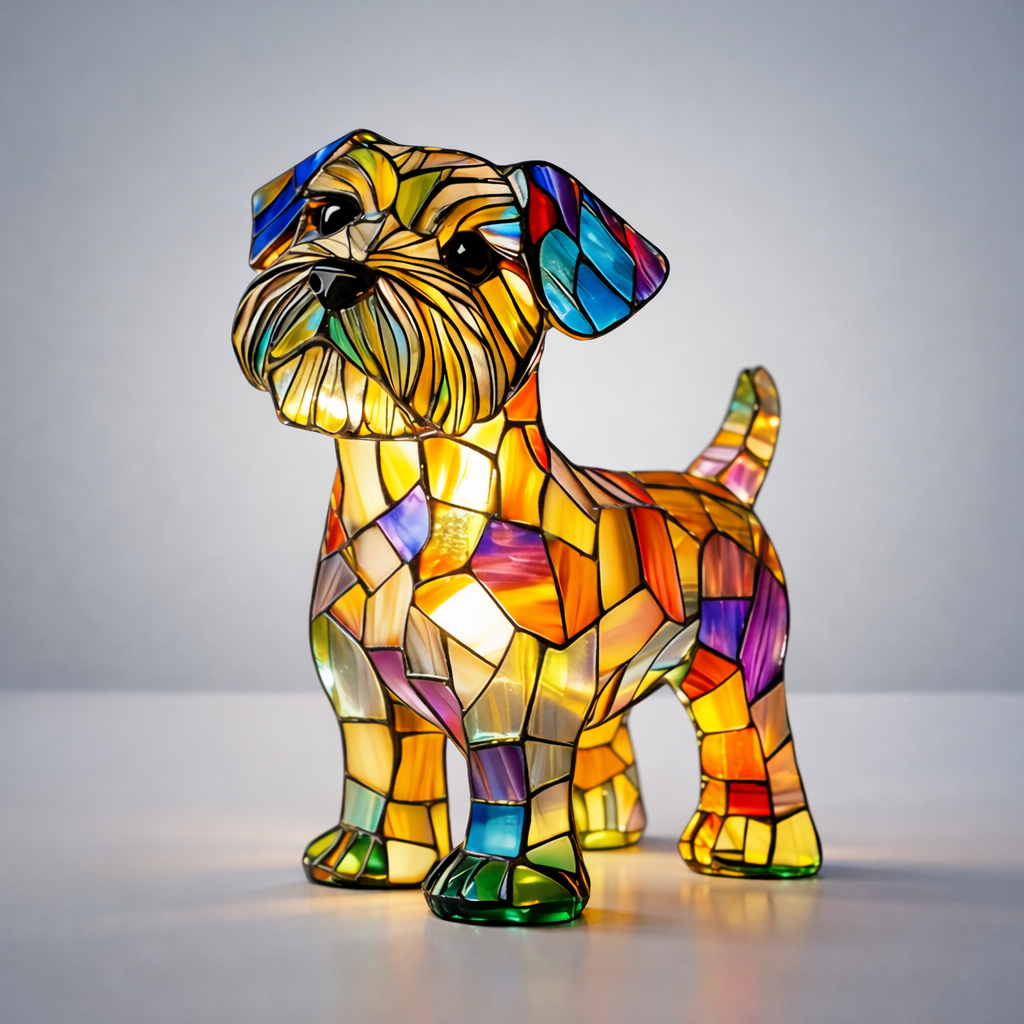 Lámpara de mesa y luz nocturna con figura de perro de resina y vidrio emplomado