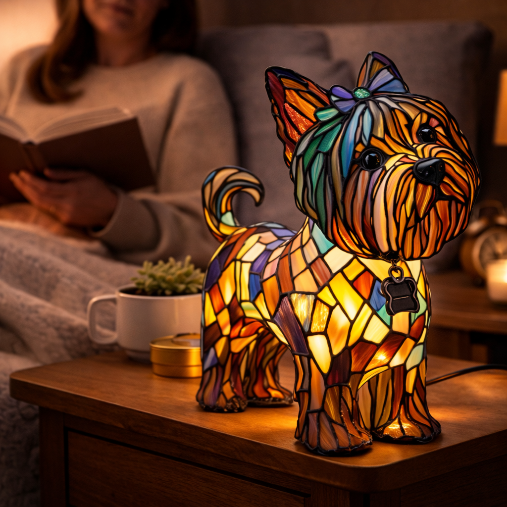 Lámpara de mesa decorativa con silueta de perro en vidrio emplomado