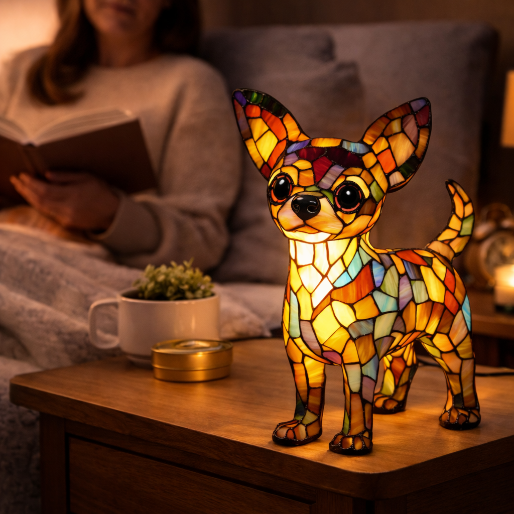 Lámpara de mesa decorativa con silueta de perro en vidrio emplomado