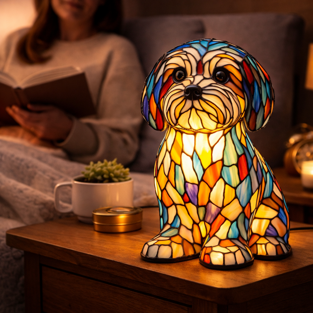Lámpara de mesa decorativa con silueta de perro en vidrio emplomado