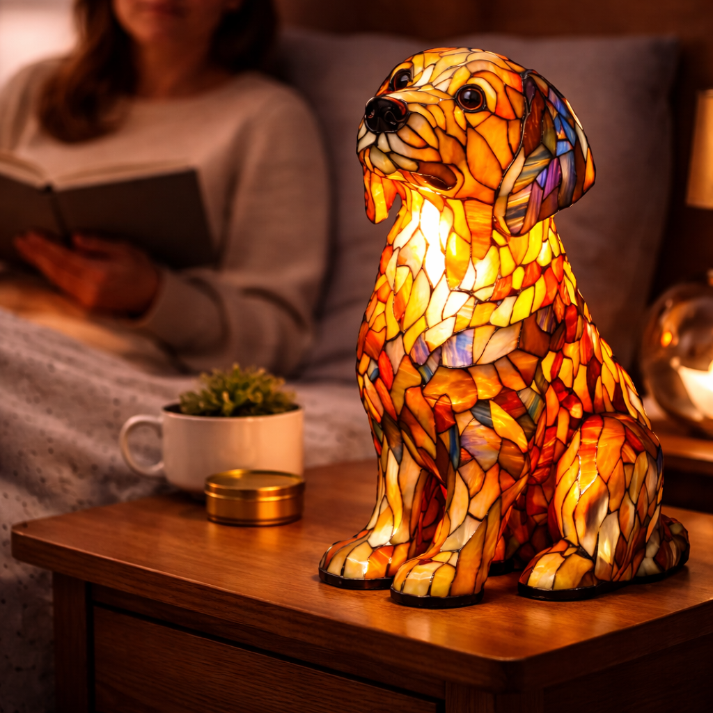 Lámpara de mesa decorativa con silueta de perro en vidrio emplomado