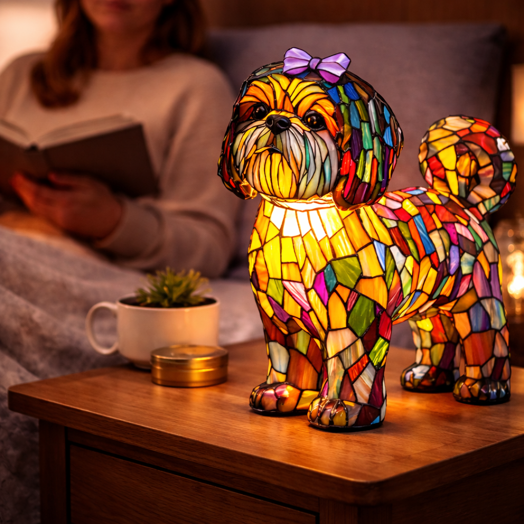 Lámpara de mesa decorativa con silueta de perro en vidrio emplomado