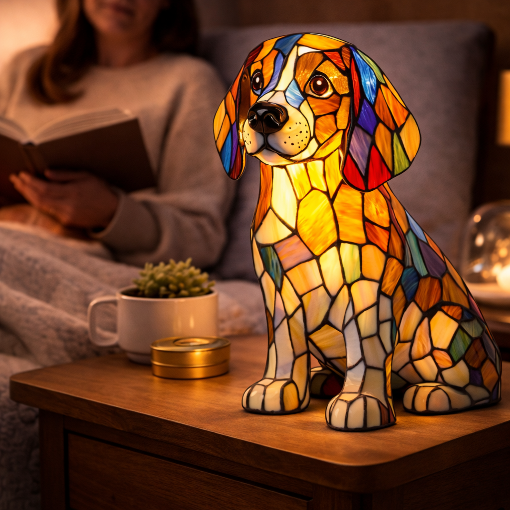 Lámpara de mesa decorativa con silueta de perro en vidrio emplomado
