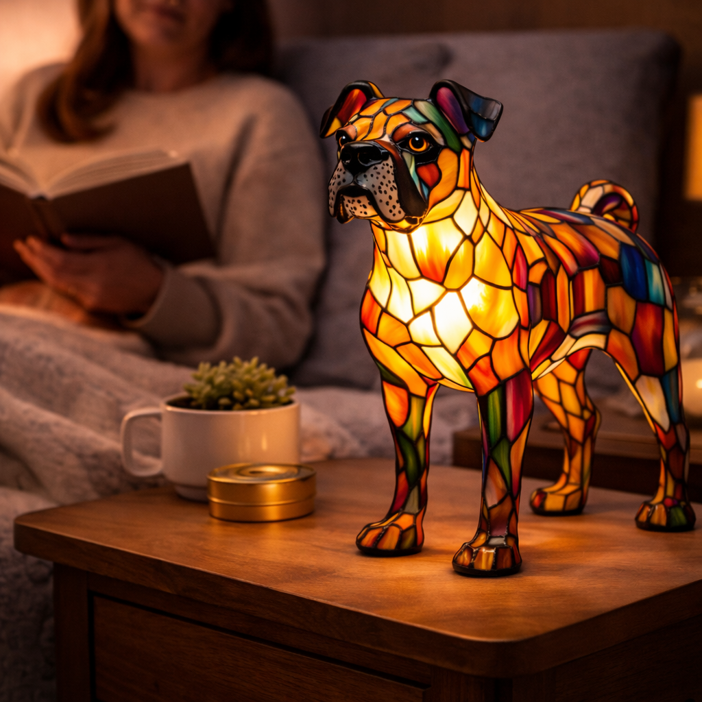 Lámpara de mesa decorativa con silueta de perro en vidrio emplomado