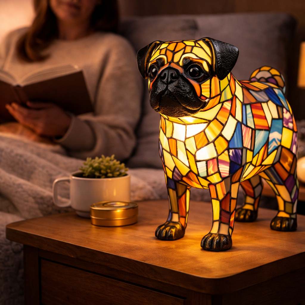 Lámpara de mesa decorativa con silueta de perro en vidrio emplomado