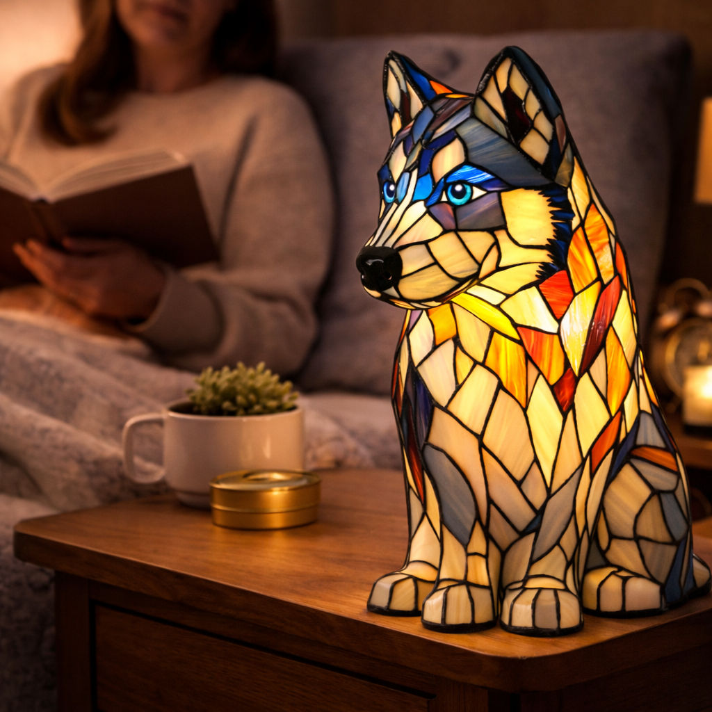 Lámpara de mesa decorativa con silueta de perro en vidrio emplomado