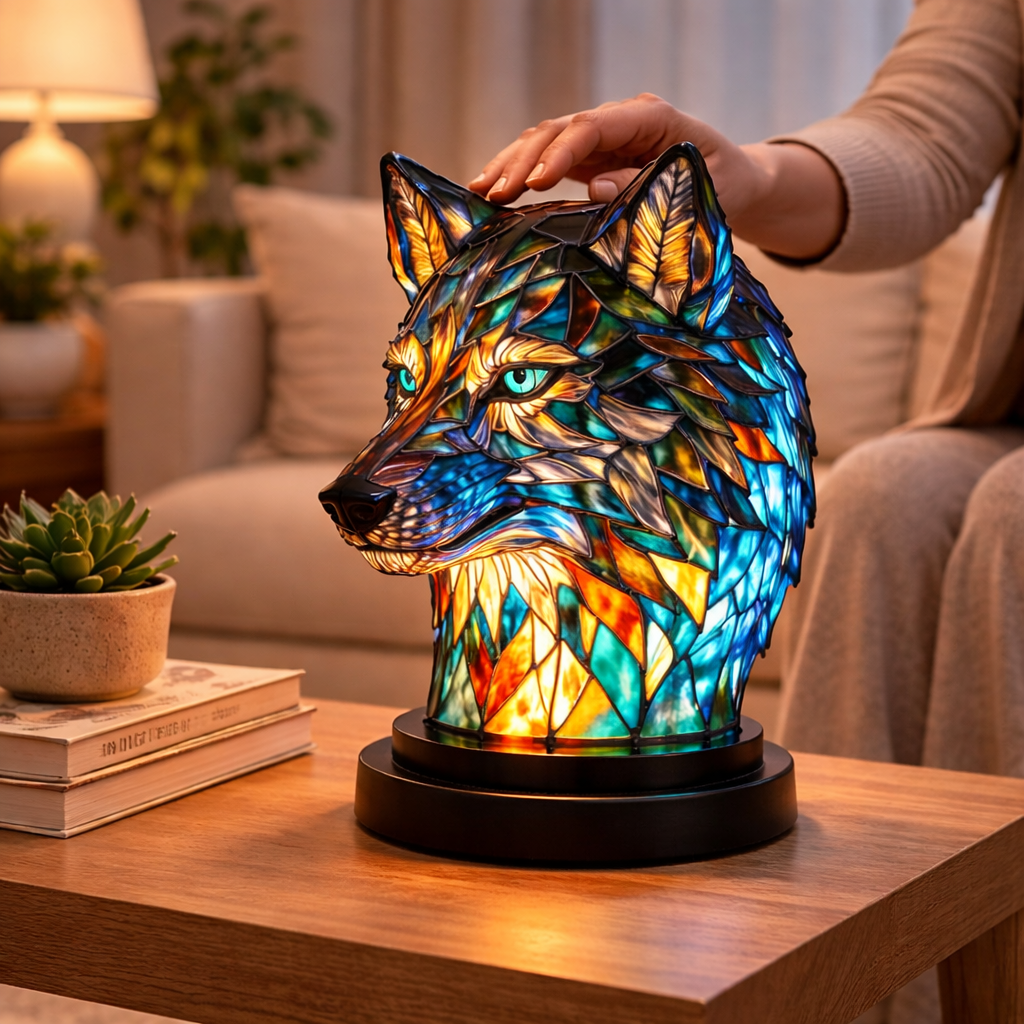 Lámpara de mesa decorativa con figura de animal estilo vitral