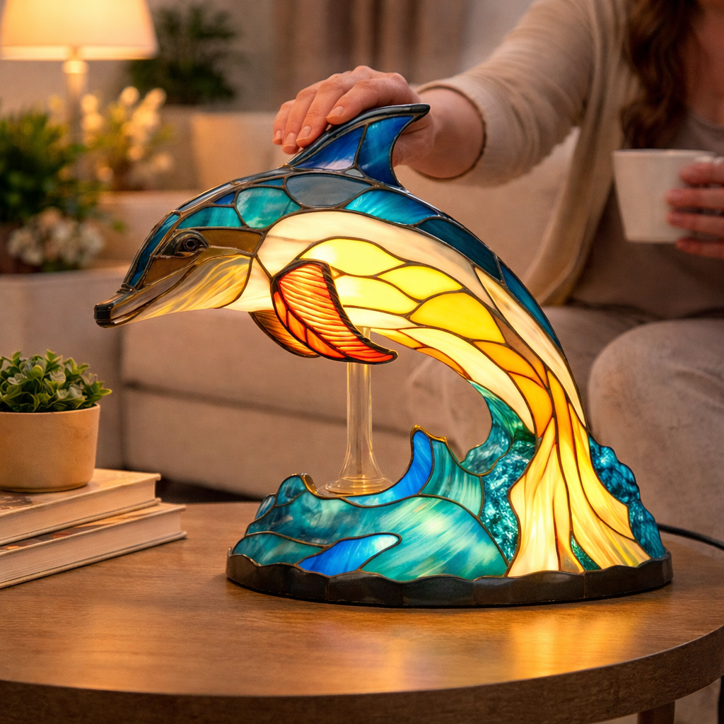 Lámpara de mesa decorativa con figura de animal estilo vitral