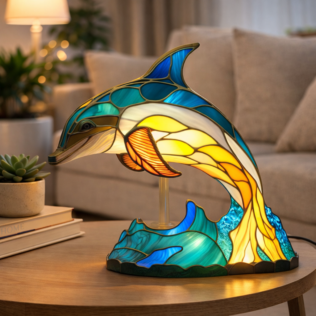 Lámpara de mesa decorativa con figura de animal estilo vitral
