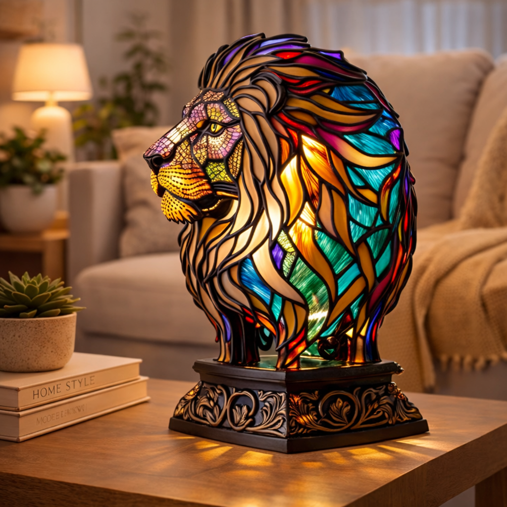 Lámpara de mesa decorativa con figura de animal estilo vitral