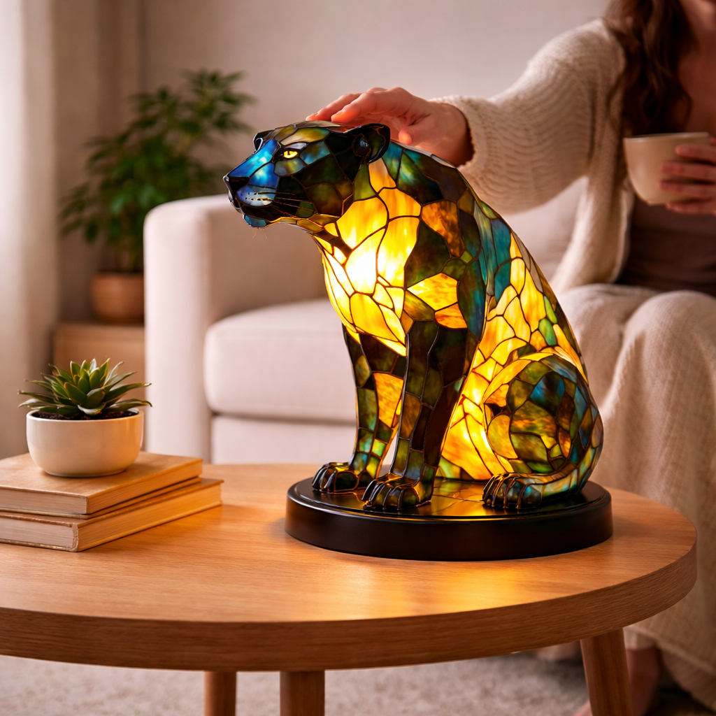Lámpara de mesa decorativa con figura de animal estilo vitral