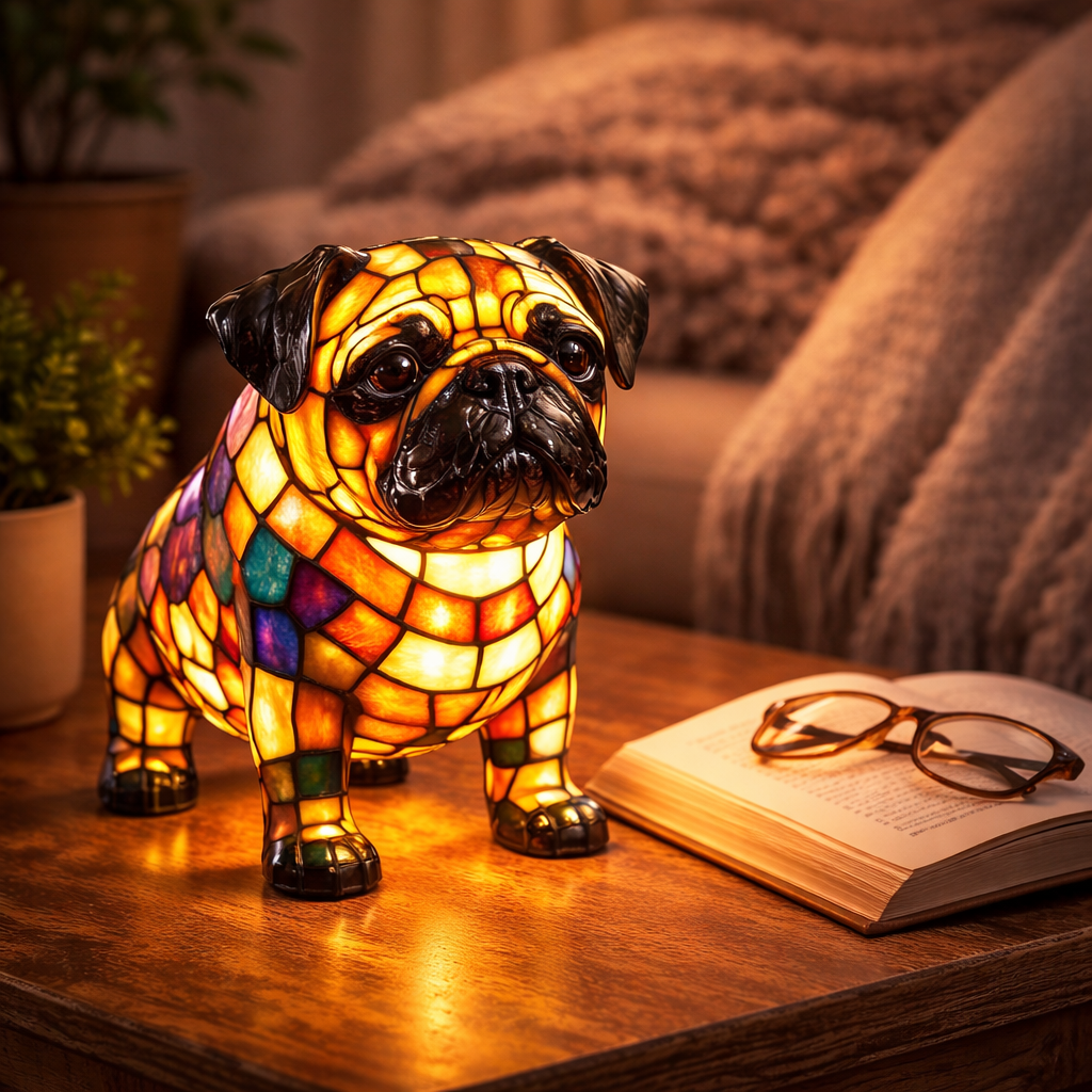 Lámpara de mesa y luz nocturna con figura de perro de resina y vidrio emplomado