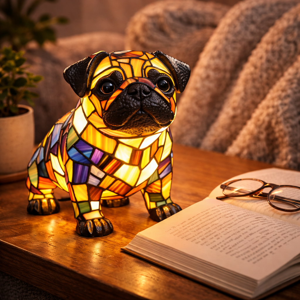 Lámpara de mesa y luz nocturna con figura de perro de resina y vidrio emplomado