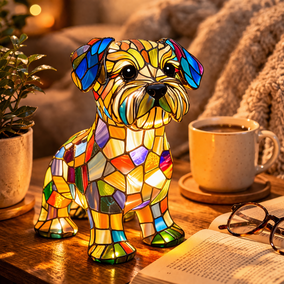 Lámpara de mesa y luz nocturna con figura de perro de resina y vidrio emplomado
