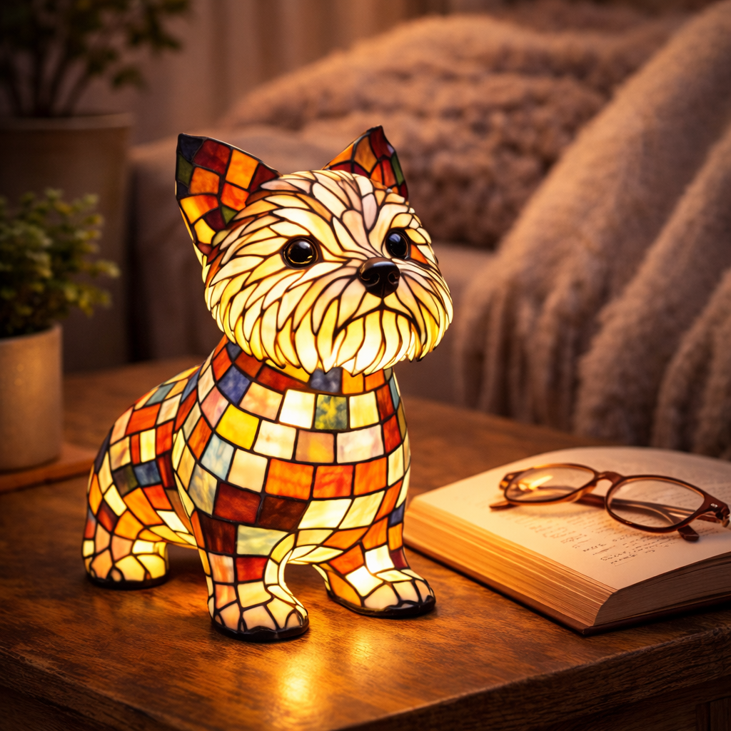 Lámpara de mesa y luz nocturna con figura de perro de resina y vidrio emplomado