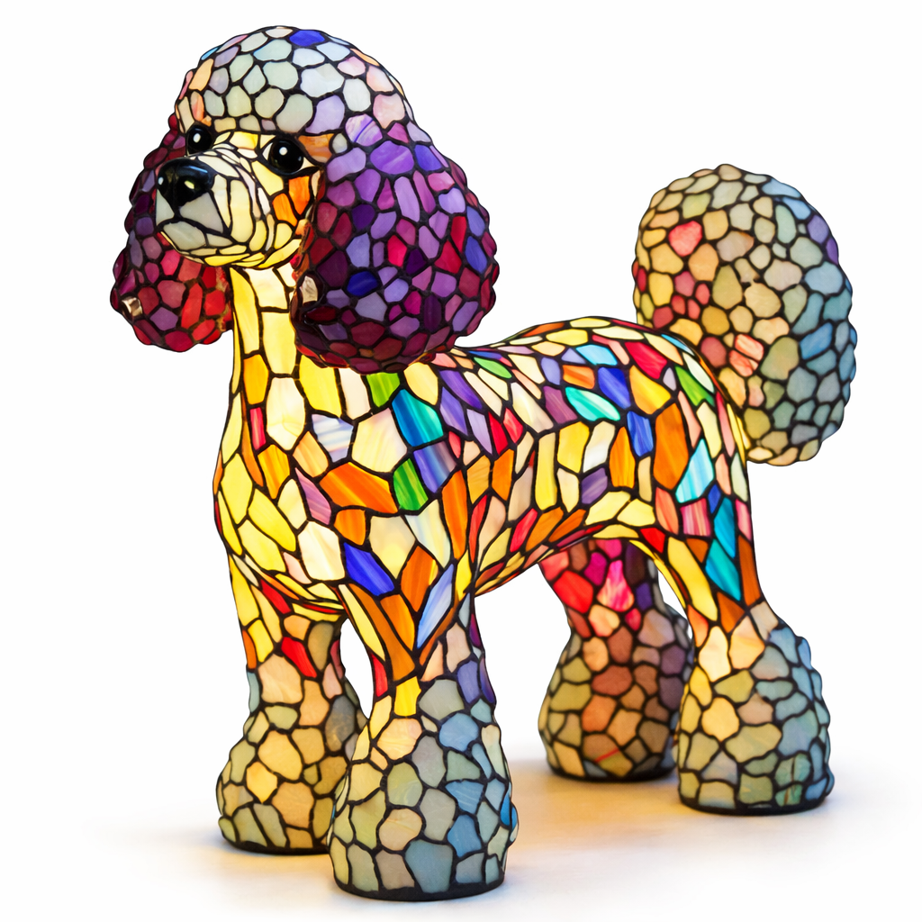 Lámpara de mesa decorativa con silueta de perro en vidrio emplomado