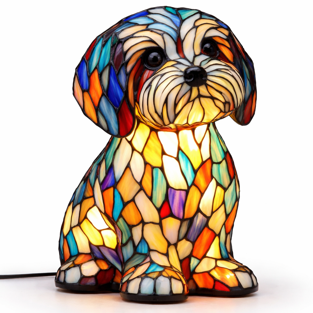 Lámpara de mesa decorativa con silueta de perro en vidrio emplomado