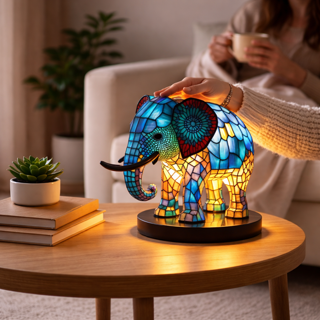 Lámpara de mesa decorativa con figura de animal estilo vitral