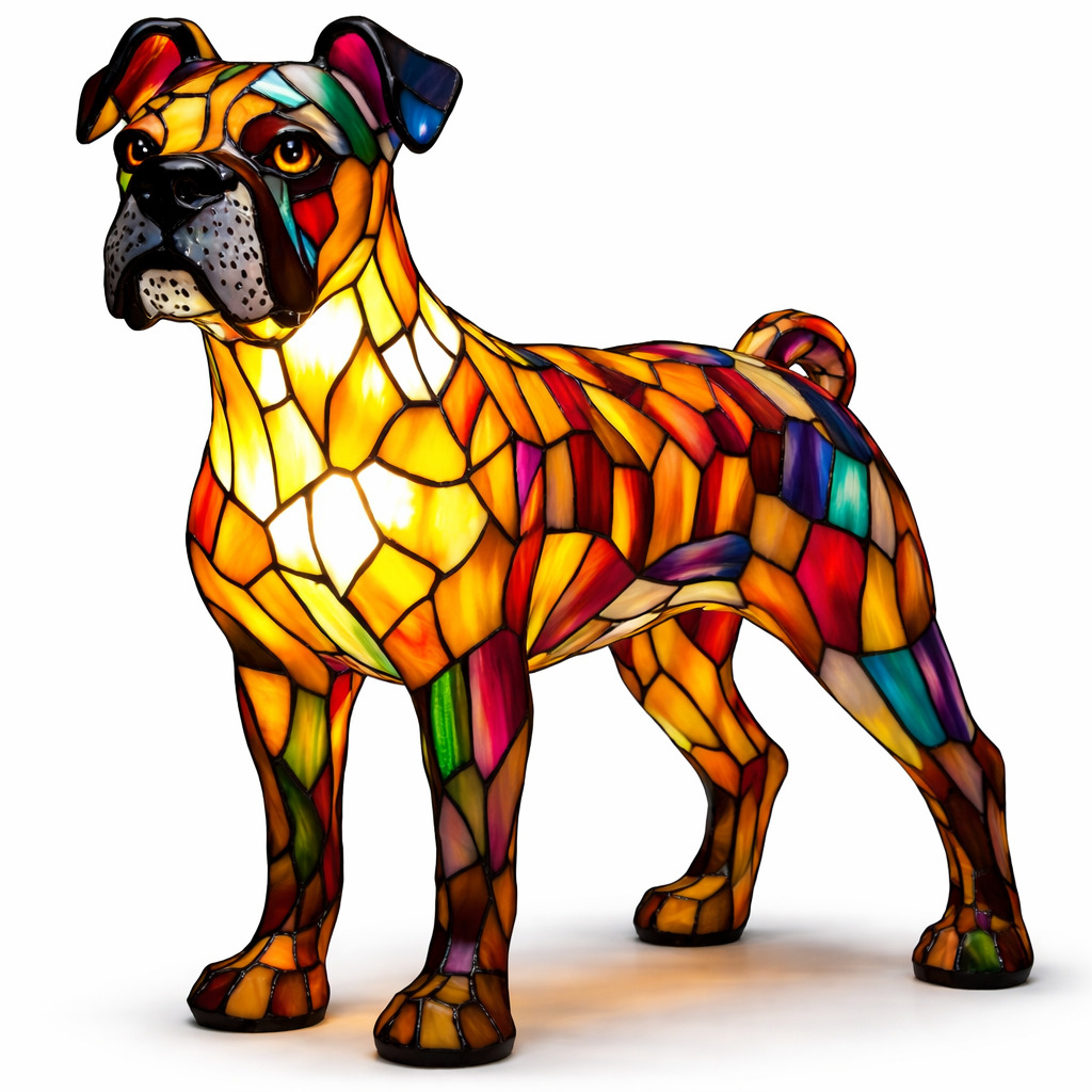 Lámpara de mesa decorativa con silueta de perro en vidrio emplomado