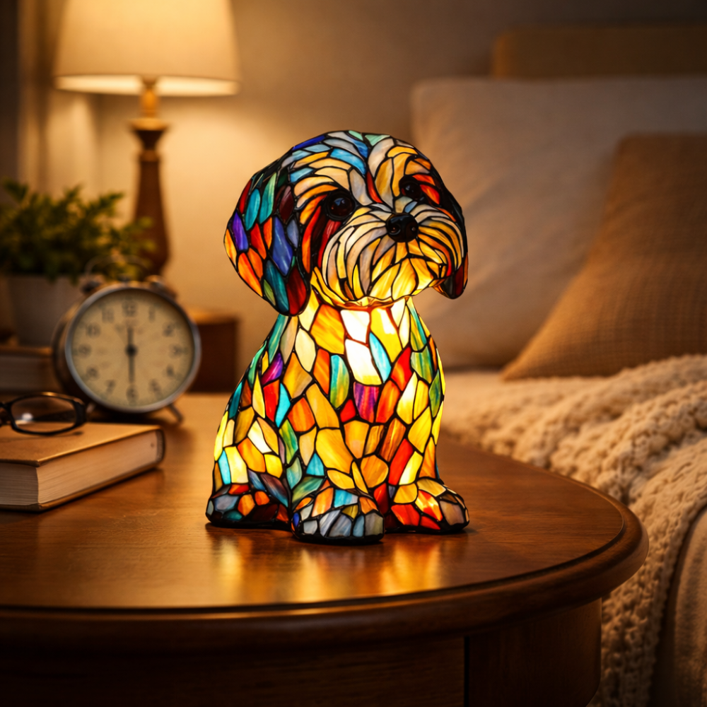 Lámpara de mesa y luz nocturna con figura de perro estilo vitral