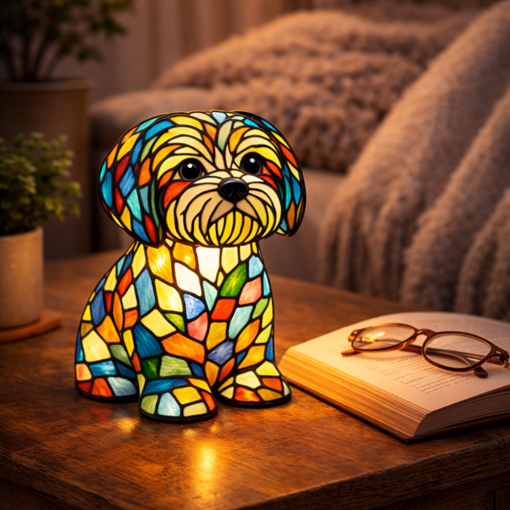 Lámpara de mesa y luz nocturna con figura de perro estilo vitral