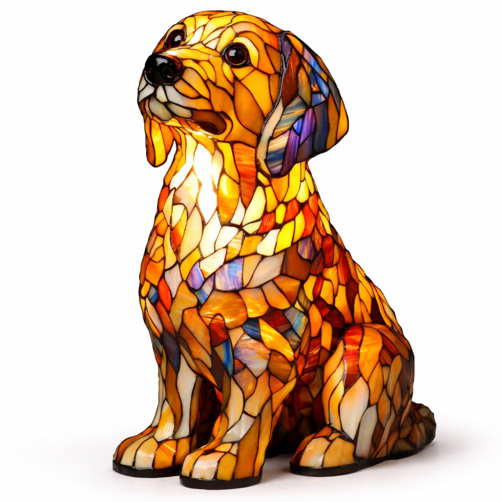 Lámpara de mesa decorativa con silueta de perro en vidrio emplomado