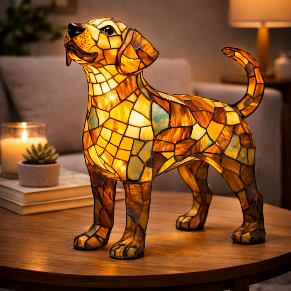 Lámpara de mesa decorativa de noche con silueta de perro en vidrio emplomado