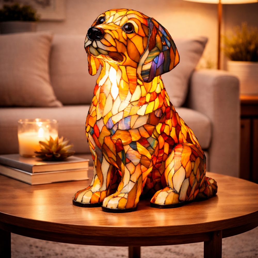 Lámpara de mesa decorativa de noche con silueta de perro en vidrio emplomado