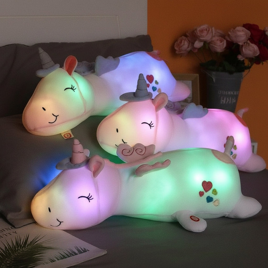 Juguete de luz nocturna de unicornio de peluche suave y abrazable con brillo
