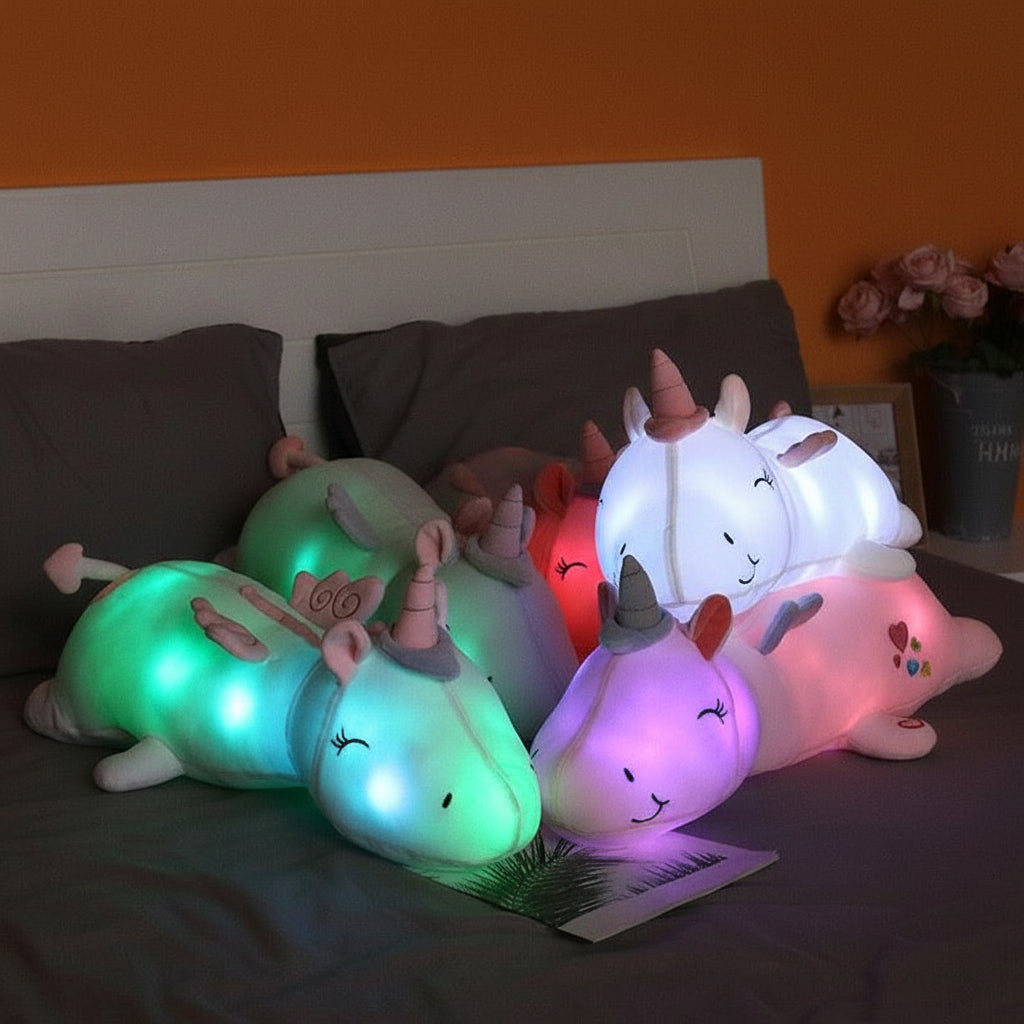 Juguete de luz nocturna de unicornio de peluche suave y abrazable con brillo