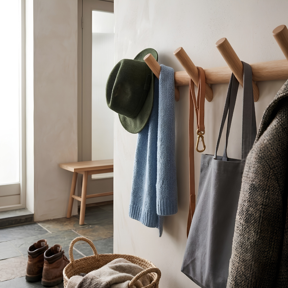 Perchero de pared minimalista escandinavo de roble macizo con ganchos