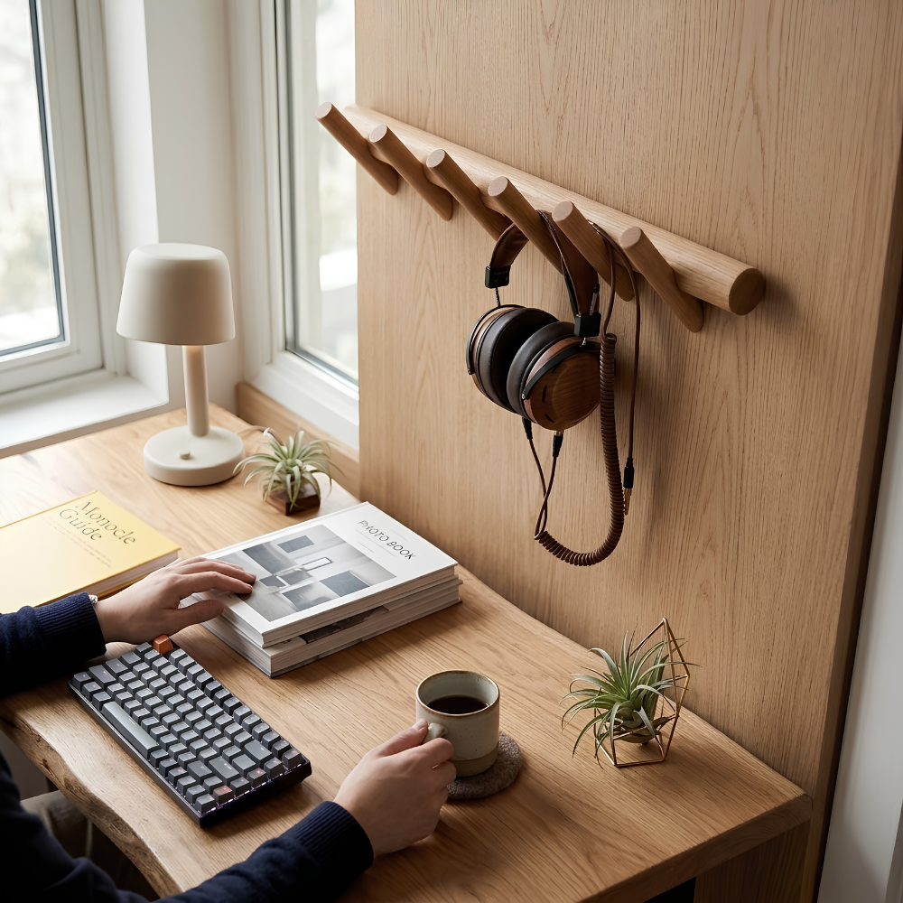 Perchero de pared minimalista escandinavo de roble macizo con ganchos