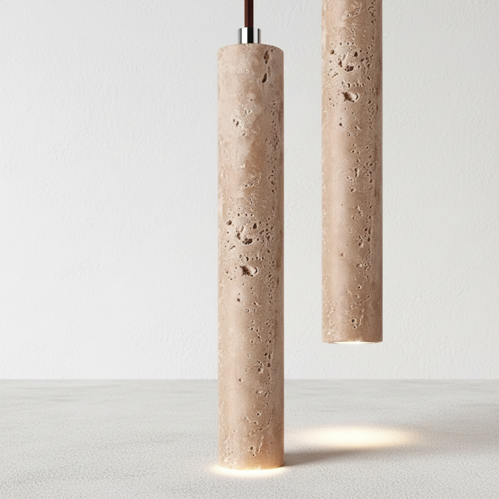 Lámpara colgante orgánica de perfil delgado con textura de travertino wabi-sabi