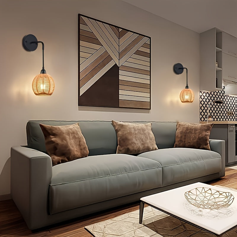 Aplique de pared ajustable de ratán tejido a mano, estilo bohemio y rústico