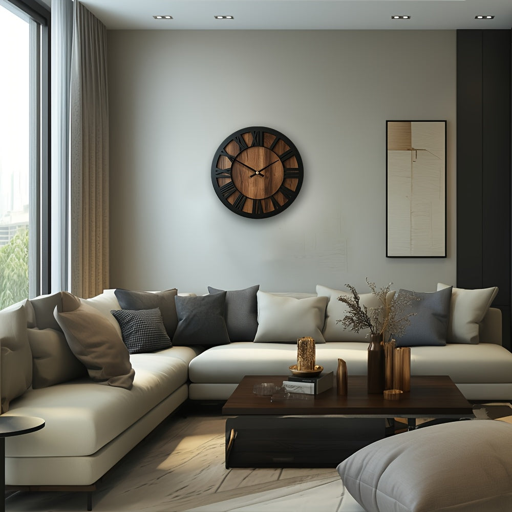 Reloj de pared silencioso de madera rústica con números romanos
