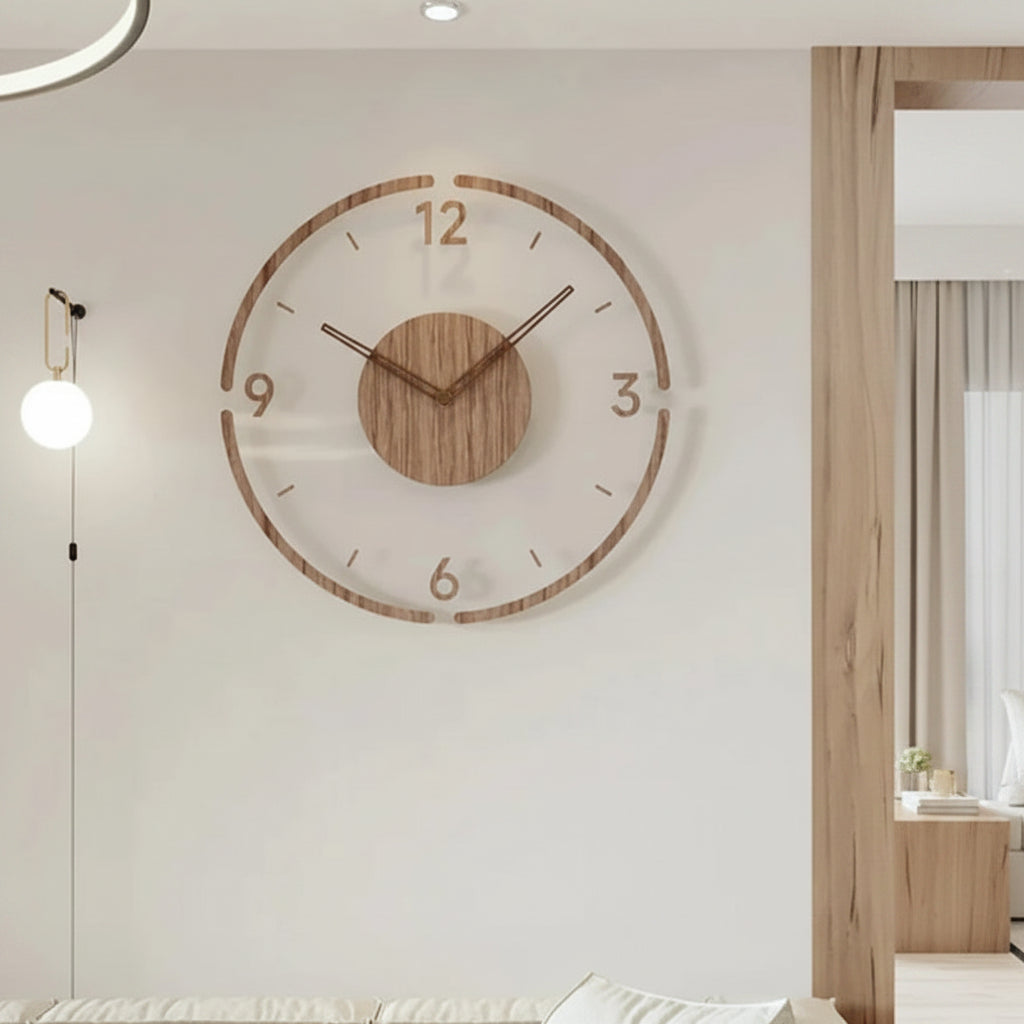 Reloj de pared analógico minimalista de madera natural y cuarzo silencioso