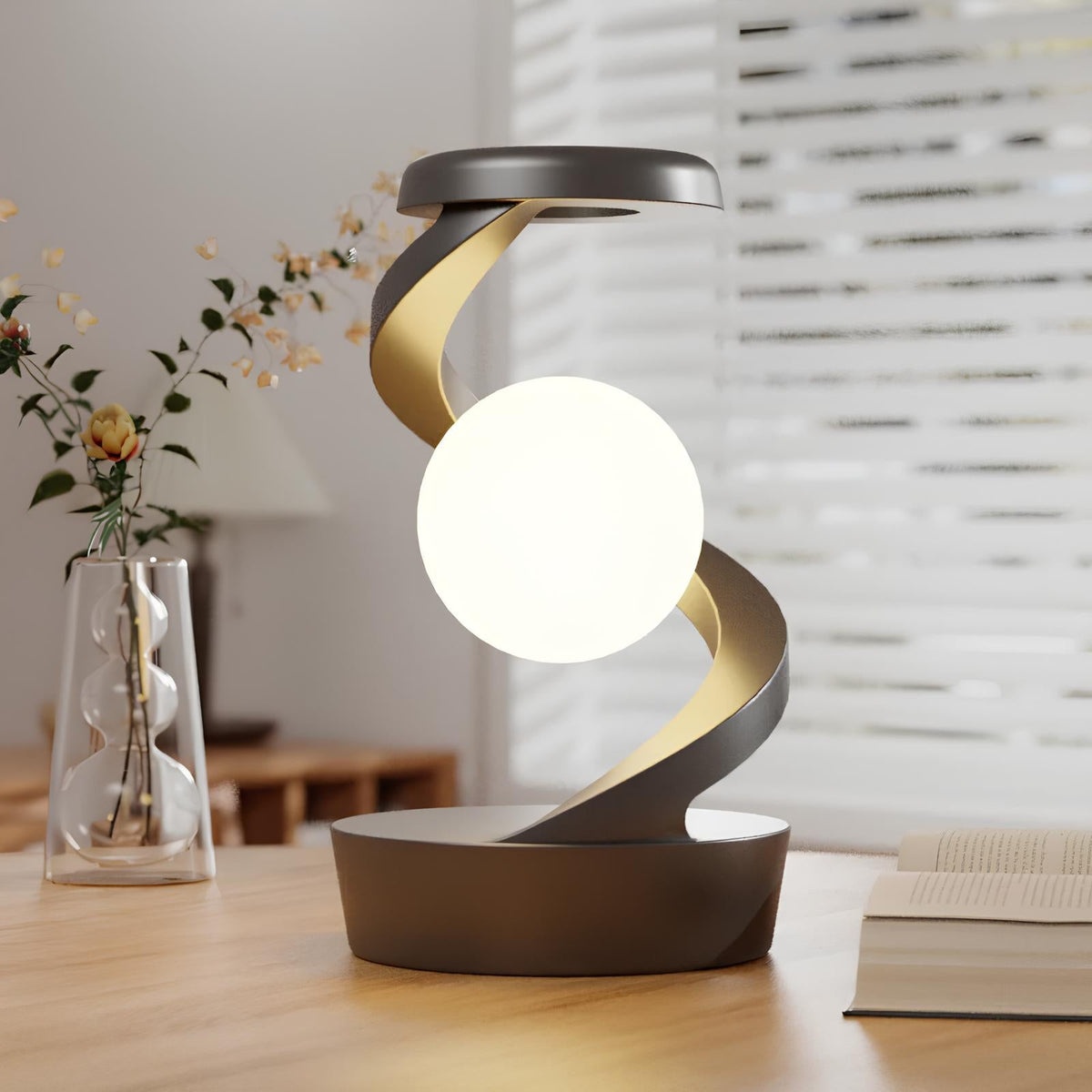 Lámpara de mesa esférica con brazo espiral, control por gestos y carga inalámbrica