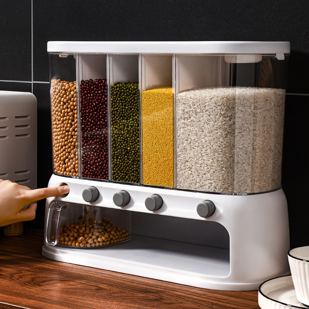 Recipiente transparente hermético para almacenar cereales en la despensa, con compartimentos y tapa abatible