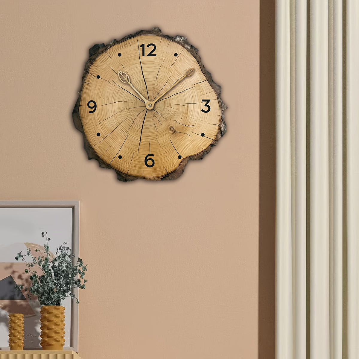Reloj de pared de cuarzo silencioso con grano de madera rústico y borde irregular