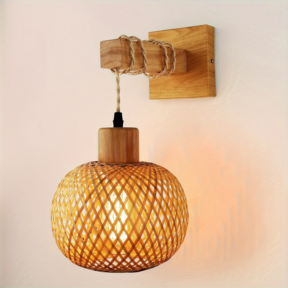 Lámpara de pared rústica de madera y ratán tejido a mano, estilo bohemio