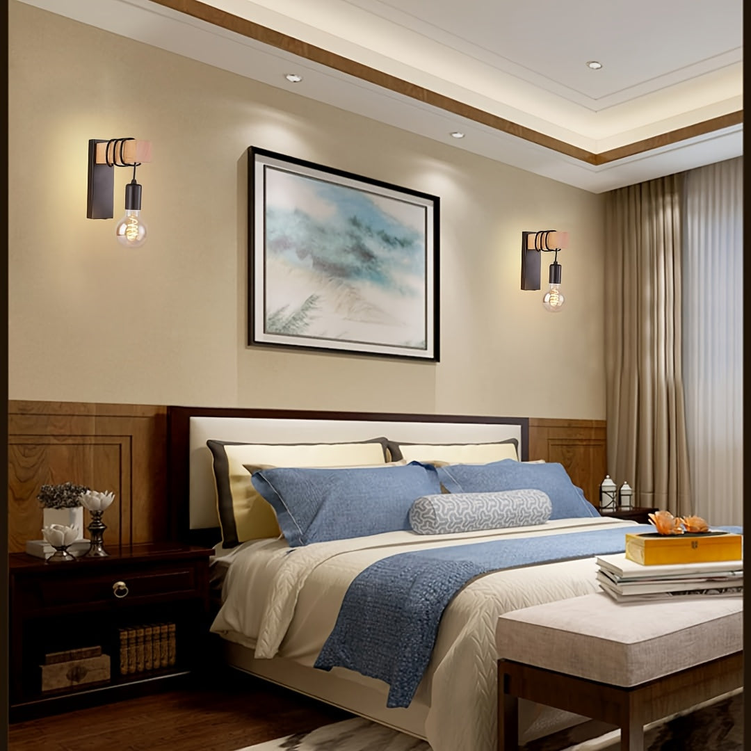 Aplique de pared industrial de madera y metal con bombilla expuesta