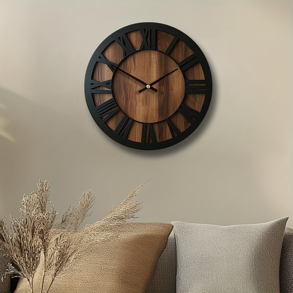 Reloj de pared silencioso de madera rústica con números romanos