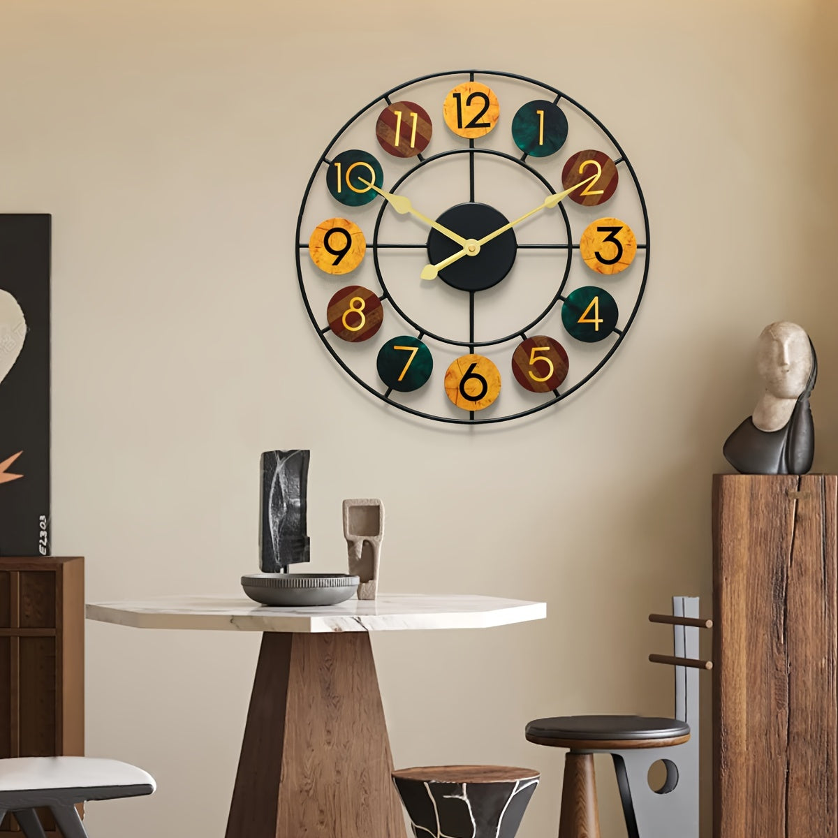 Reloj de pared metálico retro con marco redondo de hierro
