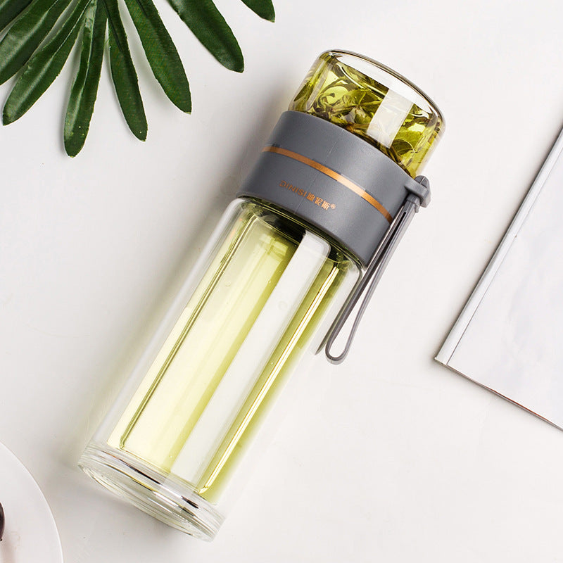 Botella de agua de vidrio de borosilicato de doble pared, a prueba de fugas, con infusor de té